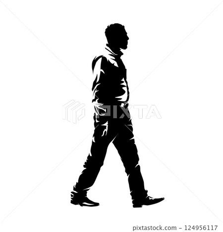 Old man walking, isolated vector silhouette, high contrast drawing. Pensioner side view Old man walking, isolated vector silhouette, high contrast drawing. Pensioner side view 124956117