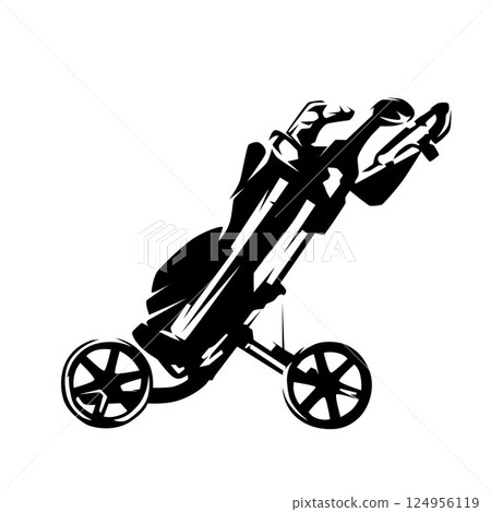 Manual golf trolley with bag, push golf cart, isolated vector silhouette. High contrast clip art Manual golf trolley with bag, push golf cart, isolated vector silhouette. High contrast clip art 124956119