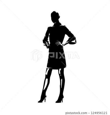 Business woman silhouette, isolated vector illustration of standing woman. Fashion model clip art 124956121