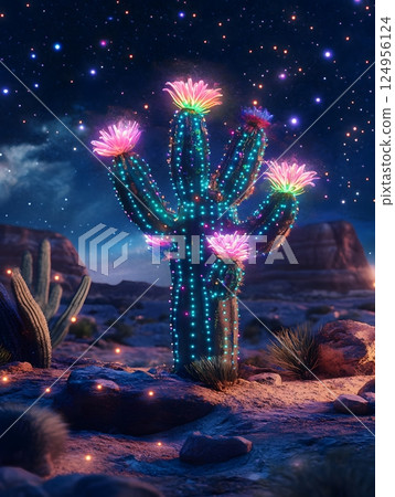green cacti with flowers on the night sky background 124956124