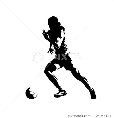 Woman playing soccer, female football player running with ball, isolated vector silhouette, side view Woman playing soccer, female football player running with ball, isolated vector silhouette, side view 124956125