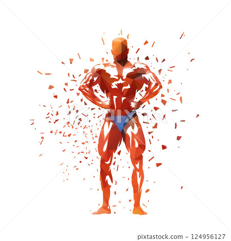 Bodybuilding, posing bodybuilder, isolated low poly vector illustration with dispersion effect. Sports clip art 124956127