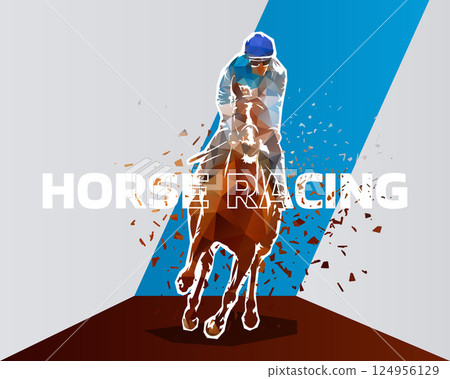 Horse racing design. Sports graphic design. Horseback rider, low poly vector illustration 124956129