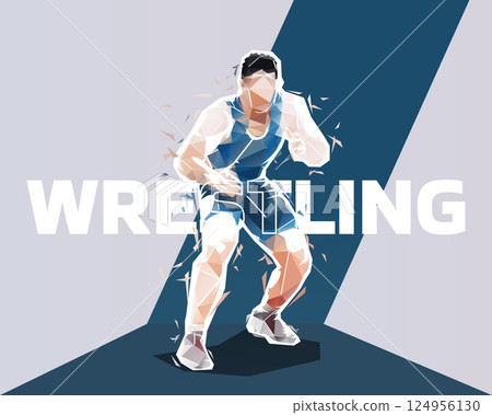Wrestling design, strong wrestler. Greco roman sports, low poly vector illustration 124956130