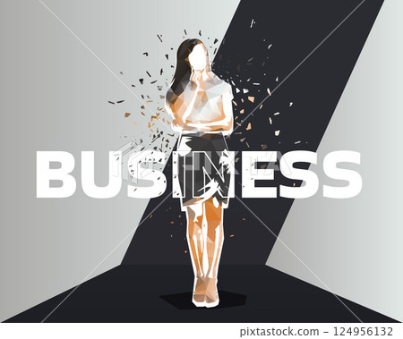 Business design, businesswoman standing, graphic design, low poly vector illustration 124956132