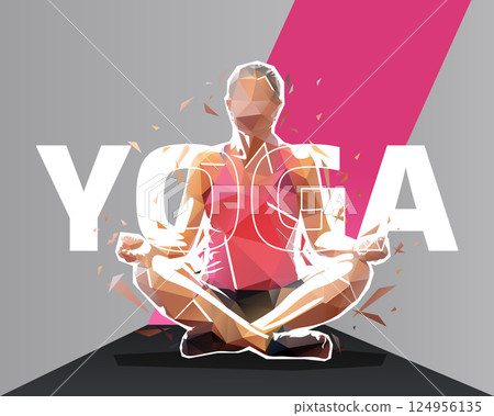 Yoga design, low polygonal personal trainer. Sports background, banner with fitness woman Yoga design, low polygonal personal trainer. Sports background, banner with fitness woman 124956135
