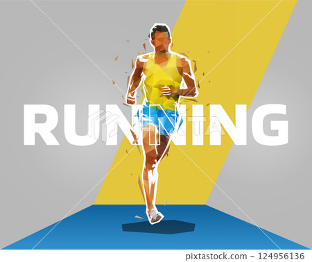 Running background. Marathon runner, african american ethnicity, running graphic design, low polygonal illustration. Sports web banner, healthy lifestyle Running background. Marathon runner, african american ethnicity, running graphic design, low polygonal illustration. Sports web banner, healthy lifestyle 124956136