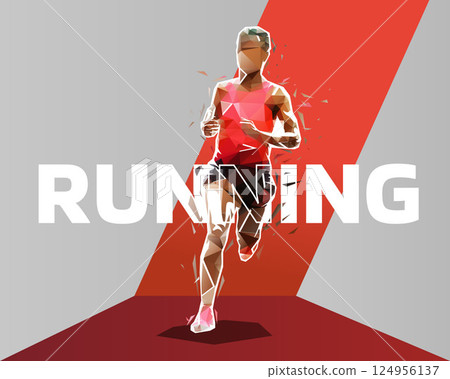 Run background, running woman, low poly isolated vector illustration. Side view. Female runner banner Run background, running woman, low poly isolated vector illustration. Side view. Female runner banner 124956137