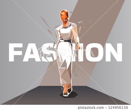 Fashion design, fashion female model caltwalk on stage. Low polygonal background Fashion design, fashion female model caltwalk on stage. Low polygonal background 124956138