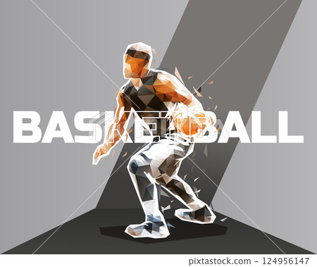 Basketball graphic design, low poly basketball player dribbling ball. Sports banner Basketball graphic design, low poly basketball player dribbling ball. Sports banner 124956147