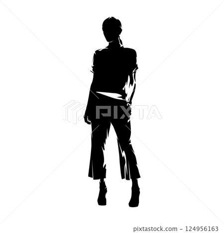 Female fashion model standing and posing in moder business clothing. isolated vector silhouette, high contrast illustration, african american woman 124956163