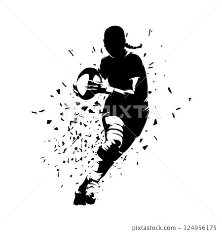 Rugby, woman running with ball, front view. Isolated vector silhouette, clipart. Team sports high contrast illustration 124956175