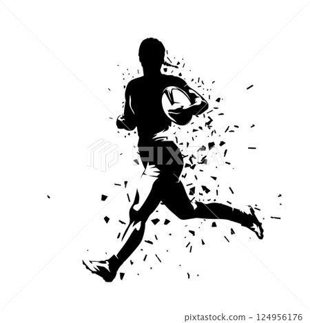 Rugby, woman running with ball, side view. Isolated vector silhouette, high contrast drawing with distortion effect. Team sport athlete clipart 124956176