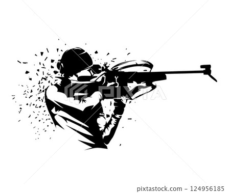 Biathlon, woman shooting, isolated vector silhouette, high contrast illustration. Winter sports clip art 124956185