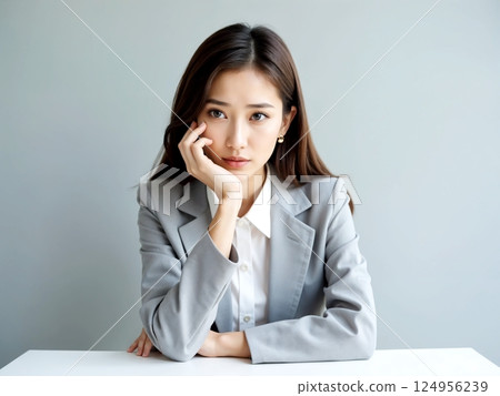 Formal portrait of a woman resting her chin on her hand [Generative AI] 124956239