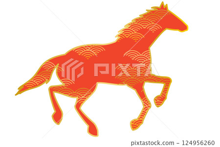 奔跑的駿馬剪影，帶有日本風格的青外波圖案，是 2026 年馬年生肖的日式風格材料 124956260