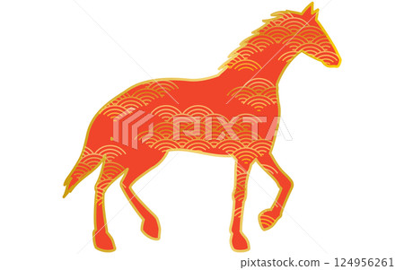 行走的馬的輪廓,帶有日本風格的青外波圖案,這是 2026 年馬年生肖的日式材料 行走的馬的輪廓,帶有日本風格的青外波圖案,這是 2026 年馬年生肖的日式材料 124956261