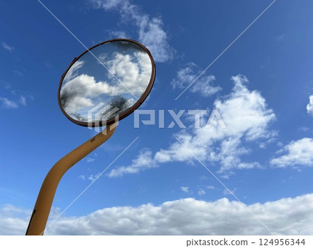 Blue sky and curved mirror Blue sky and curved mirror 124956344