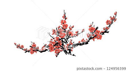 Zen Cherry Blossom - Japanese Minimalism. Floral Sakura in Vintage Japanese Style Zen Cherry Blossom - Japanese Minimalism. Floral Sakura in Vintage Japanese Style 124956399