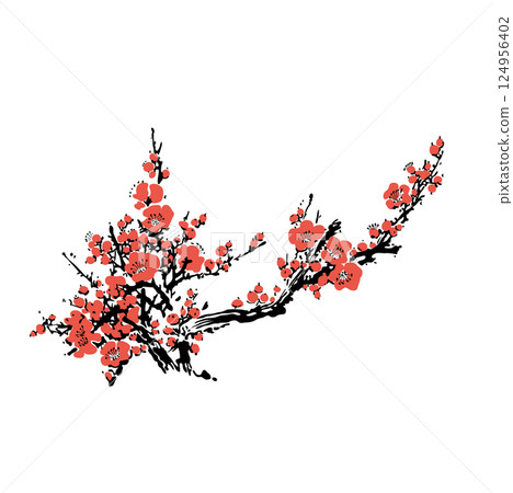 Realistic Sakura Blossom - Japanese Cherry Tree. Artistic Branch Plum Blossom. Vector Realistic Sakura Blossom - Japanese Cherry Tree. Artistic Branch Plum Blossom. Vector 124956402