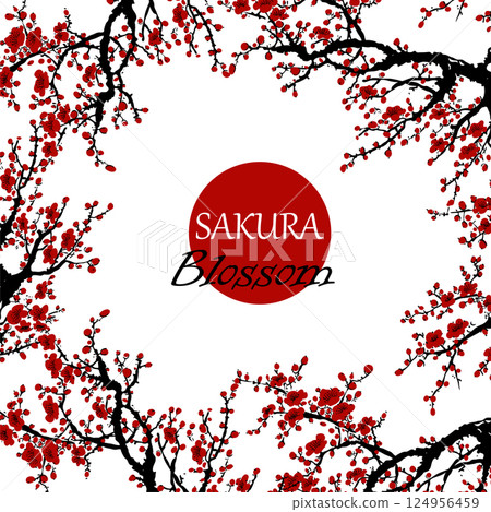 Realistic Sakura Blossom - Japanese Cherry Tree. Artistic Branch Plum Blossom. Vector 124956459