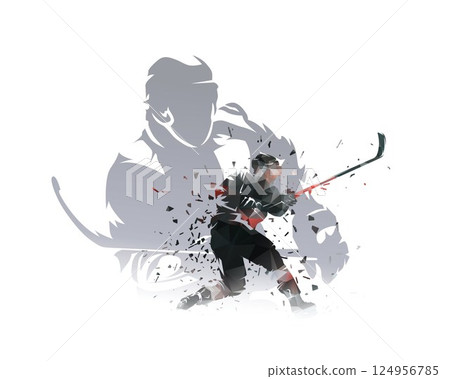 Ice hockey. sports double exposuere illustration. Hockey player shooting puck, isolated vector illustration, geometric drawing 124956785