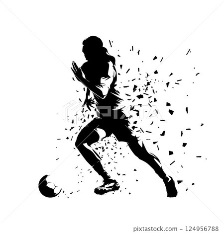 Soccer women, female football player running with ball, isolated vector silhouette with distortion effect, side view 124956788