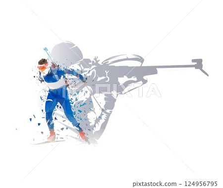 Biathlon double exposure, biathlon athletes - shooting and skiing, isolated vector illustration 124956795