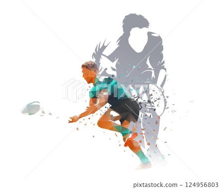 Rugby player passing ball, isolated low poly vector illustration, geometric drawing from triangles. Team sport athlete 124956803