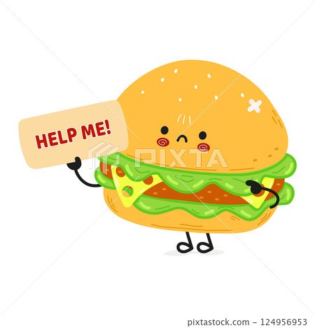 A cartoon Burger with a sad expression holds a Help Me sign, conveying a plea for help. A cartoon Burger with a sad expression holds a Help Me sign, conveying a plea for help. 124956953