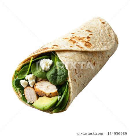 Healthy turkey and spinach wrap with whole wheat tortilla, avocado slices, and feta cheese, isolated on white 124956989