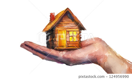 Hand presenting a small wooden cottage, representing cozy home living, isolated on white 124956990