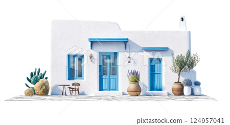 traditional Greek island house with whitewashed walls and blue accents 124957041