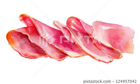 Slices of ham, pink and thin, placed on a white background 124957042