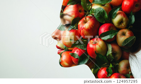Creative double exposure of woman profile blended with vibrant red apples and green leaves, symbolizing nature and health 124957295