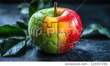 Vibrant apple with puzzle like design, blending red, green, and yellow hues, symbolizing health diversity and balanced diet. Vibrant apple with puzzle like design, blending red, green, and yellow hues, symbolizing health diversity and balanced diet. 124957296