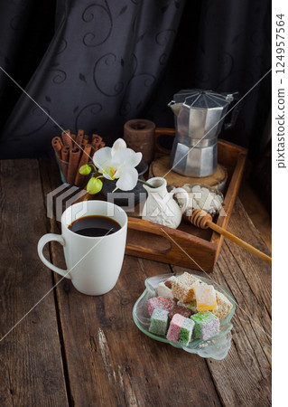 Traditional Turkish delight food background. Assorted. Sweet delicious lukum 124957564
