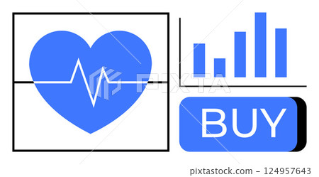 Blue heart with heartbeat line, bar chart, and blue BUY button represent health monitoring and online purchase. Ideal for health tech, fitness apps, e-commerce, online marketing, medical tools 124957643