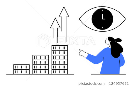 Woman pointing at ascending arrows next to stacked buildings, with a clock symbol in the eye-like shape above. Ideal for business growth, time management, productivity, goal setting, and financial Woman pointing at ascending arrows next to stacked buildings, with a clock symbol in the eye-like shape above. Ideal for business growth, time management, productivity, goal setting, and financial 124957651