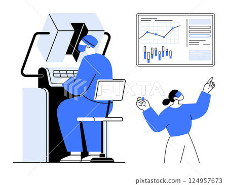 Person seated at computer examining data while a colleague presents information on a chart. Ideal for data analysis, teamwork, technology, presentations, research, office work, and collaboration 124957673