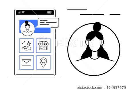 Mobile app screen with profile icon, chat bubble, contact options including call, store, email, and location. Portrait of user with bun hairstyle. Ideal for user profile interfaces, mobile apps Mobile app screen with profile icon, chat bubble, contact options including call, store, email, and location. Portrait of user with bun hairstyle. Ideal for user profile interfaces, mobile apps 124957679