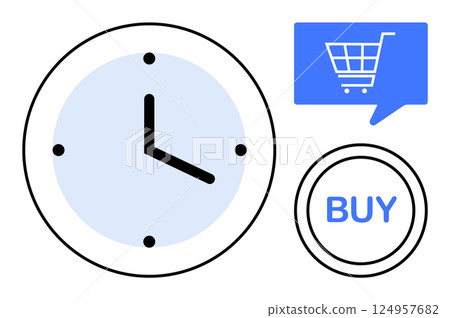 Clock icon with black hands on blue background, blue speech bubble with shopping cart, and BUY button. Ideal for e-commerce, online shopping, urgency marketing, sales promotion, business timing 124957682