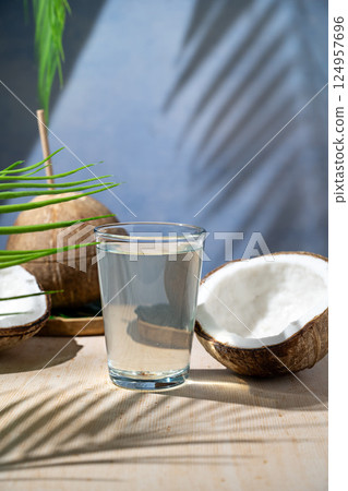 Fresh coconut water in a drinking glass Fresh coconut water in a drinking glass 124957696