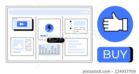 Webpage with various content elements including video, voice command, image, and analytics. Thumbs up icon and large BUY button for engagement. Ideal for e-commerce, digital marketing, online Webpage with various content elements including video, voice command, image, and analytics. Thumbs up icon and large BUY button for engagement. Ideal for e-commerce, digital marketing, online 124957709