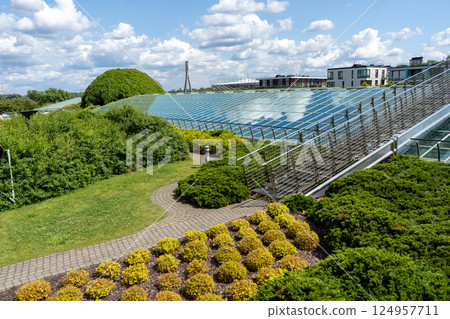 Botanical garden on the roof. Library of Warsaw University. Polish modern architecture. Green plants in summer 124957711