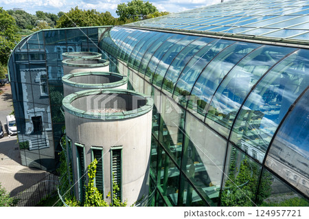 Botanical garden on the roof. Library of Warsaw University. Polish modern architecture. Green plants in summer 124957721