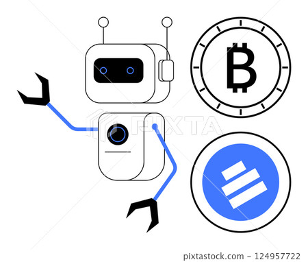 Robot with mechanical arms, beside Bitcoin and blue blockchain technology symbols. Ideal for tech concepts, blockchain, digital currency, automation, financial technology, AI innovation, digital 124957722
