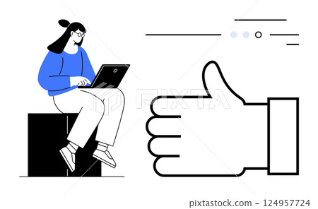 Woman sitting on block, using a laptop next to a large thumbs up icon. Ideal for technology, productivity, approval, social media, communication, education, and networking themes. Line metaphor 124957724