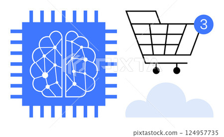 Blue processor with neural brain icon, shopping cart with notification badge, and cloud. Ideal for AI integration, e-commerce, online shopping, cloud computing, digital marketing, future technology Blue processor with neural brain icon, shopping cart with notification badge, and cloud. Ideal for AI integration, e-commerce, online shopping, cloud computing, digital marketing, future technology 124957735