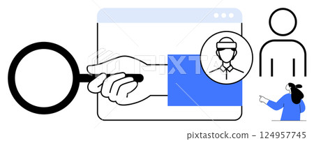 A hand holds a magnifying glass over a web browser window, highlighting a user profile. Nearby are minimalist human figures. Ideal for user research, online identity, data analysis, digital marketing A hand holds a magnifying glass over a web browser window, highlighting a user profile. Nearby are minimalist human figures. Ideal for user research, online identity, data analysis, digital marketing 124957745